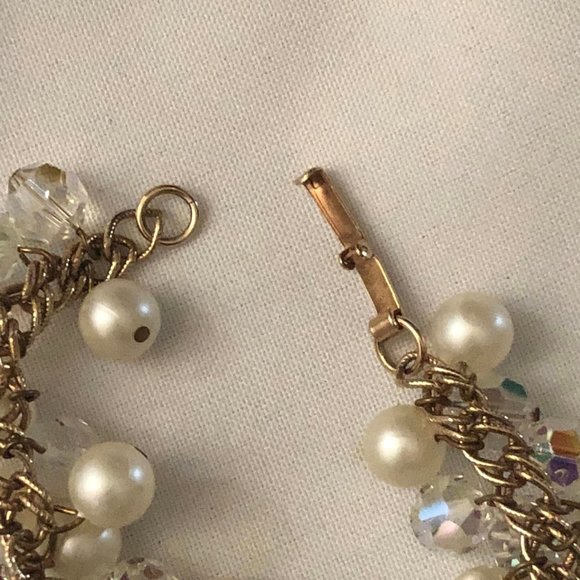 3pc Vintage White/Clear Beaded Gold Tone Earrings, Bracelet & Stauer White Neckl - Picture 2 of 8